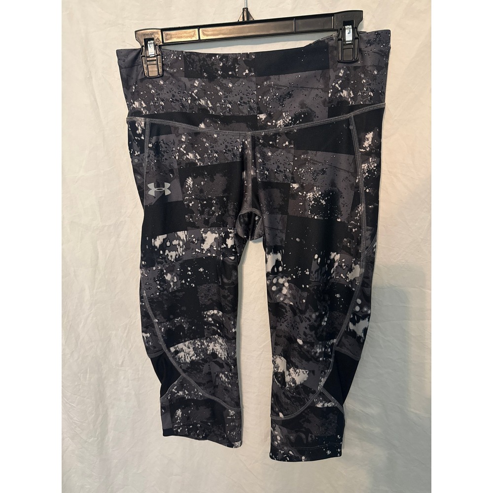 Under Armour HeatGear Compression Capri Leggings Black Grey Splatter Print Large